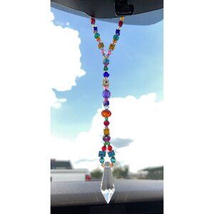 Beaded Suncatcher Rearview Mirror Charm Bright Multicolor Clear Crystal Prism